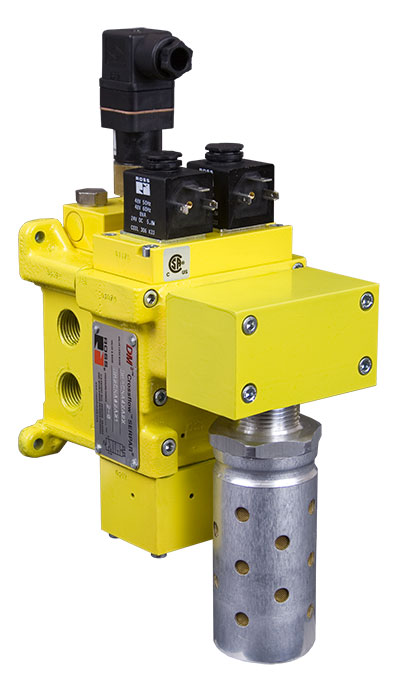 Figure 1. The DM2 series valve from Ross Controls is a 3-way, 2-position normally closed valve that blocks primary inlet pressure from reaching downstream, while ensuring that downstream pressure is vented to atmosphere.