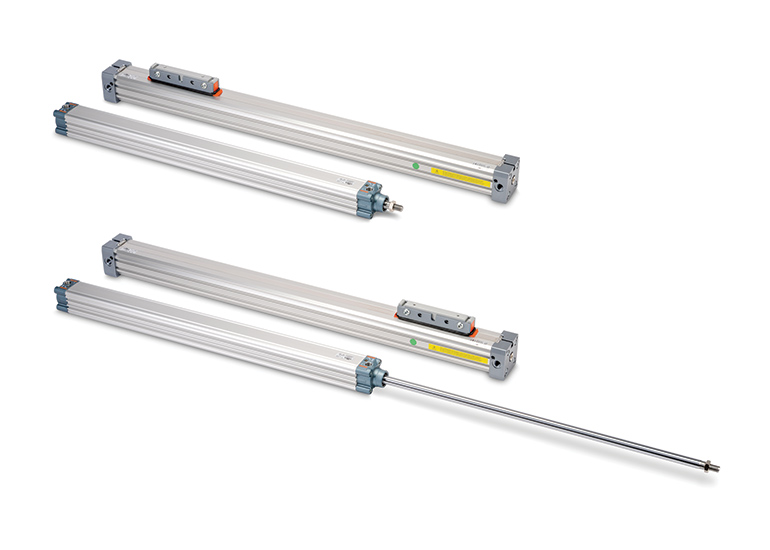 Figure 1: Some examples of AutomationDirect NITRA rodless and rodded cylinders: the upper cylinder in each pair is rodless, and the lower is rodded; the upper pair is retracted, and the lower pair is extended.