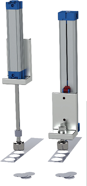 Figure 3: For this punch station example, a rodless cylinder (at right) accomplishes the same linear motion as a rodded cylinder (at left) but saves several inches of stackup height, which can be important for many installations.