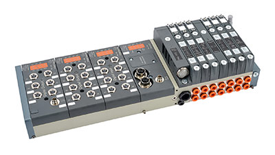 Figure 2: Electro-pneumatic systems, like this AutomationDirect PAL assembly, combine modular pneumatics, flexible I/O, network communications, and IP65 surface-mount capability.