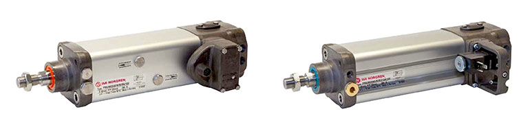 Norgren’s Integrated Valve and Actuator Control (IVAC) products combine a linear actuator, a glandless control valve, two reed or solid-state switches and speed controllers into a single integrated product with ISO-15552-compliant dimensions. The IVACs’ integrated valves also reduce tubing requirements, BOM and stock requirements and installation time and can slash energy usage by up to 50%. They are available in Cleanline Profile variants (left), which feature smooth form factors equipped with IP67 sealing protection and ideal for use in food and beverage manufacturing applications, and in Industrial Profile variants (right), which feature cylinder barrels equipped with switch mounting grooves and IP65 sealing protection. 