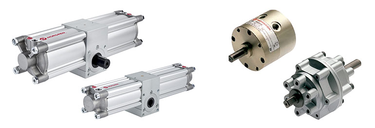 Norgren offers rotary actuators in rack and pinion (left) and rotary vane variants (right).