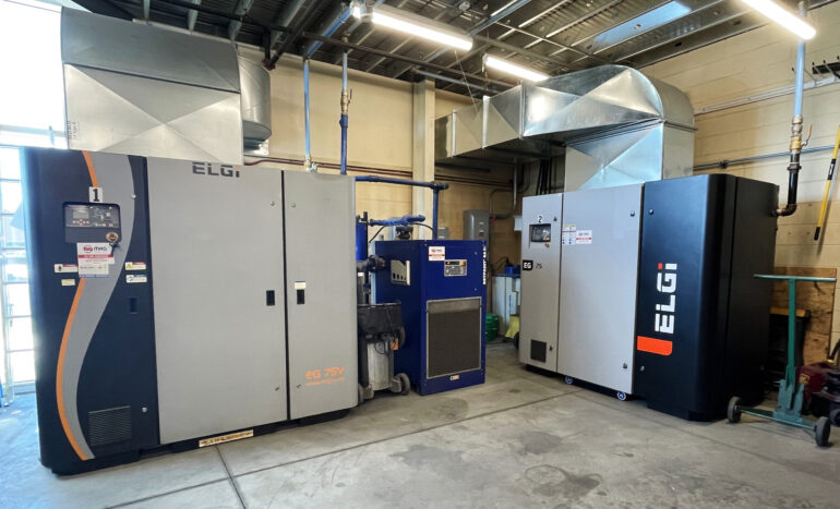 Two 100-hp Elgi EG 75V variable speed rotary screw air compressors at Legacy Industries, a Michigan-based aerospace manufacturer.