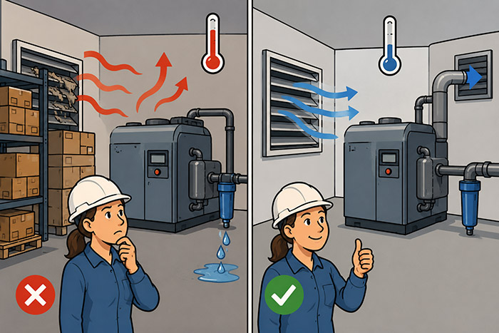 Have a cool unrestricted supply of ventilation air entering your compressor room to keep air cooled compressors running properly. Often ventilation problems show up as water problems, so you must be vigilant